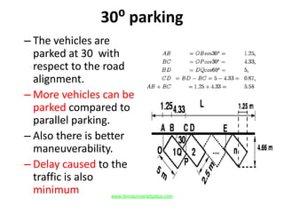 30⁰ parking
– The vehicles are
parked at 30 with
respect to the road
alignment.
– More vehicles can be
parked compared to
parallel parking.
– Also there is better
maneuverability.
– Delay caused to the
traffic is also
minimum www.Annauniversityplus.com
 