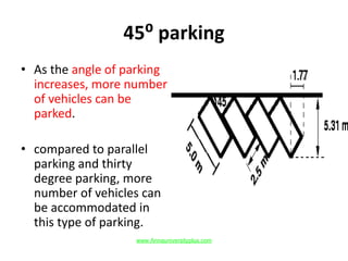 45⁰ parking
• As the angle of parking
increases, more number
of vehicles can be
parked.
• compared to parallel
parking and thirty
degree parking, more
number of vehicles can
be accommodated in
this type of parking.
www.Annauniversityplus.com
 