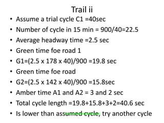 Trail ii
• Assume a trial cycle C1 =40sec
• Number of cycle in 15 min = 900/40=22.5
• Average headway time =2.5 sec
• Green time foe road 1
• G1=(2.5 x 178 x 40)/900 =19.8 sec
• Green time foe road
• G2=(2.5 x 142 x 40)/900 =15.8sec
• Amber time A1 and A2 = 3 and 2 sec
• Total cycle length =19.8+15.8+3+2=40.6 sec
• Is lower than assumed cycle, try another cyclewww.Annauniversityplus.com
 