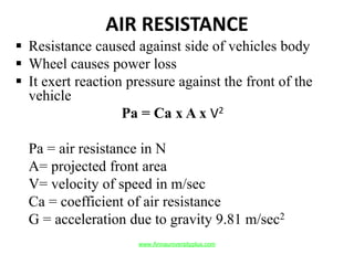AIR RESISTANCE
 Resistance caused against side of vehicles body
 Wheel causes power loss
 It exert reaction pressure against the front of the
vehicle
Pa = Ca x A x V2
Pa = air resistance in N
A= projected front area
V= velocity of speed in m/sec
Ca = coefficient of air resistance
G = acceleration due to gravity 9.81 m/sec2
www.Annauniversityplus.com
 