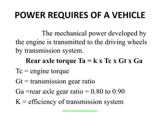 POWER REQUIRES OF A VEHICLE
The mechanical power developed by
the engine is transmitted to the driving wheels
by transmission system.
Rear axle torque Ta = k x Tc x Gt x Ga
Tc = engine torque
Gt = transmission gear ratio
Ga =rear axle gear ratio = 0.80 to 0.90
K = efficiency of transmission system
www.Annauniversityplus.com
 