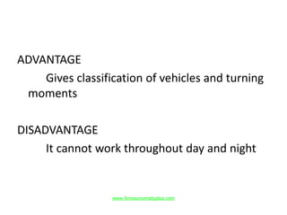 ADVANTAGE
Gives classification of vehicles and turning
moments
DISADVANTAGE
It cannot work throughout day and night
www.Annauniversityplus.com
 