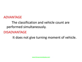 ADVANTAGE
The classification and vehicle count are
performed simultaneously.
DISADVANTAGE
It does not give turning moment of vehicle.
www.Annauniversityplus.com
 