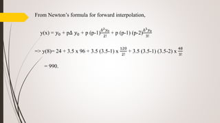 From Newton’s formula for forward interpolation,
y(x) = 𝑦0 + p∆ 𝑦0 + p (p-1)
∆2 𝑦0
2!
+ p (p-1) (p-2)
∆3 𝑦0
3!
=> y(8)= 24 + 3.5 x 96 + 3.5 (3.5-1) x
120
2!
+ 3.5 (3.5-1) (3.5-2) x
48
3!
= 990.
 