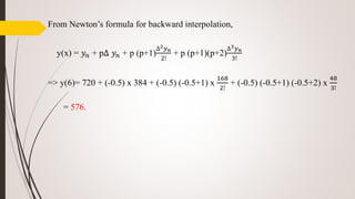 From Newton’s formula for backward interpolation,
y(x) = 𝑦𝑛 + p∆ 𝑦𝑛 + p (p+1)
∆2 𝑦 𝑛
2!
+ p (p+1)(p+2)
∆3 𝑦 𝑛
3!
=> y(6)= 720 + (-0.5) x 384 + (-0.5) (-0.5+1) x
168
2!
+ (-0.5) (-0.5+1) (-0.5+2) x
48
3!
= 576.
 