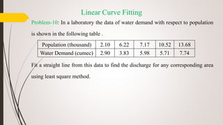 Problem-10: In a laboratory the data of water demand with respect to population
is shown in the following table .
Population (thousand) 2.10 6.22 7.17 10.52 13.68
Water Demand (cumec) 2.90 3.83 5.98 5.71 7.74
Fit a straight line from this data to find the discharge for any corresponding area
using least square method.
Linear Curve Fitting
 