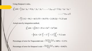 Using Simpson’s rules,
0
2
𝑦𝑑𝑥 =
ℎ
3
[𝑦0+ 𝑦𝑛 + 4 (𝑦1 + 𝑦3 + 𝑦5 +……..+ 𝑦(𝑛−1)) + 2 (𝑦2 + 𝑦4 + 𝑦6 +
……..+ 𝑦(𝑛−2))]
=
0.5
3
[ 0.2 + 94.2 + 4(13.575 + 54.575) + 2 (30.2)] = 71.23 unit
Actual area by integration method,
0
2
𝑦𝑑𝑥 = 0
2
(0.2 + 25 x + 3𝑥2 + 2𝑥4)𝑑𝑥
= 0.2x + 25
𝑥2
2
+ 3
𝑥3
3
+ 2
𝑥5
5 0
2
= 71.2 unit
Percentage of error for Trapezoidal rule =
72.775 −71.2
71.2
x 100% = 2.21%
Percentage of error for Simpson’s rule =
721.23 −71.2
71.2
x 100% = 0.042%
 