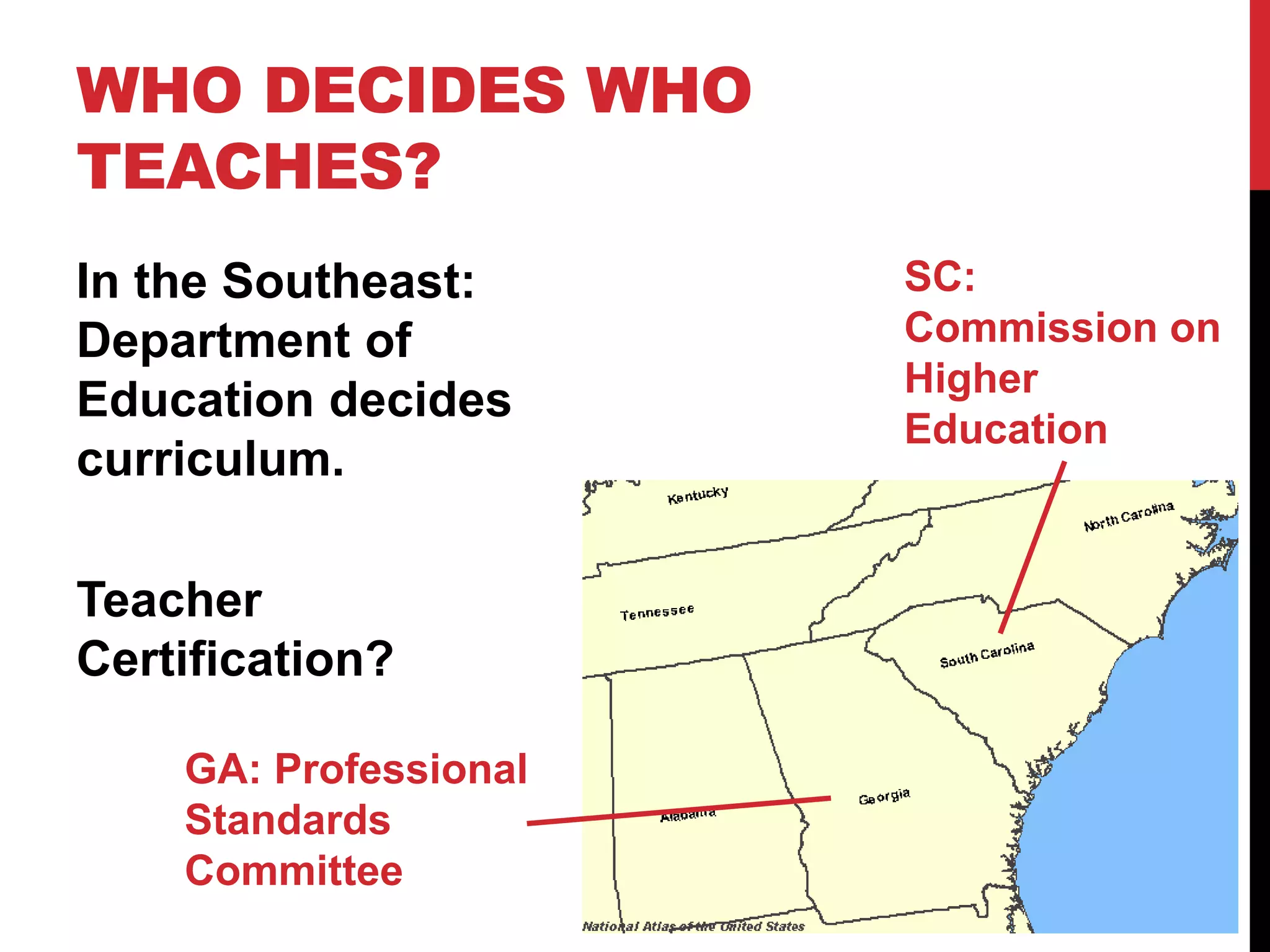 WHO DECIDES WHO
TEACHES?
In the Southeast:
Department of
Education decides
curriculum.
Teacher
Certification?
SC:
Commission on
Higher
Education
GA: Professional
Standards
Committee
 