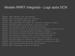 Modelo RRRT Integrado - Logo após DCN

STATUS:   DMT-C QRCode Lido com Sucesso!
STATUS:   DMT-C Aguardando Senha do Cliente...
STATUS:   DMT-C Enviando dados para DCN...
STATUS:   DCN_AndroidService Pedido de transacao recebido do DMT-C.
STATUS:   DCN_AndroidService Enviando transacao ao DCA.
STATUS:   DCA_Transacao Pedido de Transacao Recebido.
STATUS:   DCA_DCN_Jar Pedido de descriptografar mensagem recebido do DCA.
STATUS:   DCA_DCN_Jar Descriptografando mensagem recebida...
STATUS:   DCA_DCN_Jar Enviando mensagem descriptografada ao DCA.
STATUS:   DCA_Transacao Autenticando e Autorizando Transacao...
STATUS:   DCA_Transacao Transacao Autenticada e Autorizada.
STATUS:   DCN_AndroidService Resposta da transacao recebida do DCA.
STATUS:   DCN_AndroidService Enviando resposta da transacao ao DMT-C.
STATUS:   DMT-C Apresentando Resultado da Transacao
STATUS:   DMT-C Aguardando Leitura do QRCode...
 