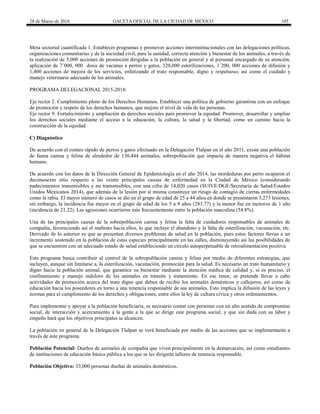 28 de Marzo de 2016 GACETA OFICIAL DE LA CIUDAD DE MÉXICO 105
Meta sectorial cuantificada 1. Establecer programas y promover acciones interinstitucionales con las delegaciones políticas,
organizaciones comunitarias y de la sociedad civil, para la sanidad, correcta atención y bienestar de los animales, a través de
la realización de 5,000 acciones de promoción dirigidas a la población en general y al personal encargado de su atención,
aplicación de 7´000, 000 dosis de vacunas a perros y gatos, 320,000 esterilizaciones, 1´200, 000 acciones de difusión y
1,400 acciones de mejora de los servicios, enfatizando el trato responsable, digno y respetuoso, así como el cuidado y
manejo veterinario adecuado de los animales.
PROGRAMA DELEGACIONAL 2015-2018:
Eje rector 2. Cumplimiento pleno de los Derechos Humanos. Establecer una política de gobierno garantista con un enfoque
de promoción y respeto de los derechos humanos, que mejore el nivel de vida de las personas.
Eje rector 9. Fortalecimiento y ampliación de derechos sociales para promover la equidad. Promover, desarrollar y ampliar
los derechos sociales mediante el acceso a la educación, la cultura, la salud y la libertad, como un camino hacia la
construcción de la equidad
C) Diagnóstico
De acuerdo con el conteo rápido de perros y gatos efectuado en la Delegación Tlalpan en el año 2011, existe una población
de fauna canina y felina de alrededor de 130,444 animales, sobrepoblación que impacta de manera negativa el hábitat
humano.
De acuerdo con los datos de la Dirección General de Epidemiología en el año 2014, las mordeduras por perro ocuparon el
decimosexto sitio respecto a las veinte principales causas de enfermedad en la Ciudad de México (considerando
padecimientos transmisibles y no transmisibles, con una cifra de 14,020 casos (SUIVE/DGE/Secretaría de Salud/Estados
Unidos Mexicanos 2014), que además de la lesión por sí misma constituye un riesgo de contagio de ciertas enfermedades
como la rabia. El mayor número de casos se dio en el grupo de edad de 25 a 44 años en donde se presentaron 3,273 lesiones,
sin embargo, la incidencia fue mayor en el grupo de edad de los 5 a 9 años (283.77) y la menor fue en menores de 1 año
(incidencia de 21.22). Las agresiones ocurrieron más frecuentemente entre la población masculina (54.8%).
Una de las principales causas de la sobrepoblación canina y felina la falta de cuidadores responsables de animales de
compañía, favoreciendo así el maltrato hacia ellos, lo que incluye el abandono y la falta de esterilización, vacunación, etc.
Derivado de lo anterior es que se presentan diversos problemas de salud en la población, pues estos factores llevan a un
incremento sostenido en la población de estas especies principalmente en las calles, disminuyendo así las posibilidades de
que se encuentren con un adecuado estado de salud estableciendo un círculo autoperpetuable de retroalimentación positiva.
Este programa busca contribuir al control de la sobrepoblación canina y felina por medio de diferentes estrategias, que
incluyen, aunque sin limitarse a, la esterilización, vacunación, promoción para la salud. Es necesario un trato humanitario y
digno hacia la población animal, que garantice su bienestar mediante la atención médica de calidad y, si es preciso, el
confinamiento y manejo indoloro de los animales en tránsito y tratamiento. En ese tenor, se pretende llevar a cabo
actividades de promoción acerca del trato digno que deben de recibir los animales domésticos y callejeros, así como de
educación hacia los poseedores en torno a una tenencia responsable de sus animales. Esto implica la difusión de las leyes y
normas para el cumplimiento de los derechos y obligaciones, entre ellos la ley de cultura cívica y otros ordenamientos.
Para implementar y apoyar a la población beneficiaria, es necesario contar con personas con un alto sentido de compromiso
social, de interacción y acercamiento a la gente a la que se dirige este programa social, y que sin duda con su labor y
empeño hará que los objetivos principales se alcancen.
La población en general de la Delegación Tlalpan se verá beneficiada por medio de las acciones que se implementarán a
través de este programa.
Población Potencial: Dueños de animales de compañía que viven principalmente en la demarcación, así como estudiantes
de instituciones de educación básica pública a los que se les dirigirán talleres de tenencia responsable.
Población Objetivo: 33,000 personas dueñas de animales domésticos.
 