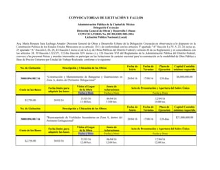 CONVOCATORIAS DE LICITACIÓN Y FALLOS
Administración Pública de la Ciudad de México
Delegación Coyoacán
Dirección General de Obras y Desarrollo Urbano
CONVOCATORIA No. DC/DGODU/002-2016
Licitación Pública Nacional (Local)
Arq. María Rosaura Sara Lechuga Amador Directora General de Obras y Desarrollo Urbano de la Delegación Coyoacán en observancia a lo dispuesto en la
Constitución Política de los Estados Unidos Mexicanos en su artículo 134 y de conformidad con los artículos 3º apartado “A” fracción I y IV, 5, 23, 24 inciso a),
25 apartado “A” fracción I, 26, 28, 44 fracción I inciso a) de la Ley de Obras Públicas del Distrito Federal y artículo 26 de su Reglamento y en concordancia con
los artículos 38, 39 fracción LXXXV, 122-bis fracción XIV inciso c) y 126 fracción XVI del Reglamento de la Administración Pública del Distrito Federal,
convoca a las personas físicas y morales interesadas en participar en las licitaciones de carácter nacional para la contratación en la modalidad de Obra Pública a
Base de Precios Unitarios por Unidad de Trabajo Realizado, conforme a lo siguiente:
No. de Licitación Descripción y Ubicación de las Obras
Fecha de
Inicio
Fecha de
Termino
Plazo de
Ejecución
Capital Contable
mínimo requerido
30001096 002 16
"Construcción y Mantenimiento de Banquetas y Guarniciones en
Zona A, dentro del Perímetro Delegacional”
20/04/16 17/08/16 120 días
$6,000,000.00
Costo de las Bases
Fecha límite para
adquirir las bases
Visita al Lugar
de la Obra
Junta de
Aclaraciones
Acto de Presentación y Apertura del Sobre Único
Fecha y Hora Fecha y Hora Fecha y Hora
$2,750.00 30/03/16
31/03/16
11:00 hrs.
06/04/16
11:00 hrs.
12/04/16
10:00 hrs.
No. de Licitación Descripción y Ubicación de las Obras
Fecha de
Inicio
Fecha de
Termino
Plazo de
Ejecución
Capital Contable
mínimo requerido
30001096 003 16
"Reencarpetado de Vialidades Secundarias en Zona A, dentro del
Perímetro Delegacional"
20/04/16 17/08/16 120 días
$21,000,000.00
Costo de las Bases
Fecha límite para
adquirir las bases
Visita al Lugar
de la Obra
Junta de
Aclaraciones
Acto de Presentación y Apertura del Sobre Único
Fecha y Hora Fecha y Hora Fecha y Hora
$2,750.00 30/03/16
31/03/16
12:00 hrs.
06/04/16
12:00 hrs.
12/04/16
12:00 hrs.
 