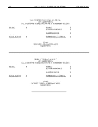164 GACETA OFICIAL DE LA CIUDAD DE MÉXICO 28 de Marzo de 2016
LOS COHETES EN LA LUNA, S.A. DE C.V.
(EN LIQUIDACION)
BALANCE FINAL DE LIQUIDACIÓN AL 28 DE FEBRERO DEL 2016
ACTIVO 0 PASIVO 0
CAPITAL CONTABLE 0
CAPITAL SOCIAL 0
TOTAL ACTIVO 0 SUMA PASIVO Y CAPITAL 0
(Firma)
HUGO URIEL GRANADOS RAMOS
LIQUIDADOR
GRUPO VIVIENDA, S.A. DE C.V.
(EN LIQUIDACION)
BALANCE FINAL DE LIQUIDACIÓN AL 28 DE FEBRERO DEL 2016
ACTIVO 0 PASIVO 0
CAPITAL CONTABLE 0
CAPITAL SOCIAL 0
TOTAL ACTIVO 0 SUMA PASIVO Y CAPITAL 0
(Firma)
PATRICIA VIOLETA STILLMANN WEISS
LIQUIDADOR
 