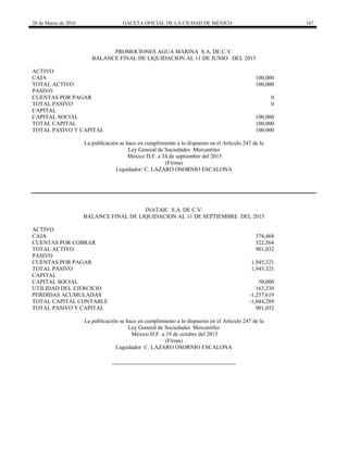 28 de Marzo de 2016 GACETA OFICIAL DE LA CIUDAD DE MÉXICO 167
PROMOCIONES AGUA MARINA S.A. DE C.V.
BALANCE FINAL DE LIQUIDACION AL 11 DE JUNIO DEL 2015
ACTIVO
CAJA 100,000
TOTAL ACTIVO 100,000
PASIVO
CUENTAS POR PAGAR 0
TOTAL PASIVO 0
CAPITAL
CAPITAL SOCIAL 100,000
TOTAL CAPITAL 100,000
TOTAL PASIVO Y CAPITAL 100,000
La publicación se hace en cumplimiento a lo dispuesto en el Artículo 247 de la
Ley General de Sociedades Mercantiles
México D.F. a 24 de septiembre del 2015
(Firma)
Liquidador: C. LAZARO OSORNIO ESCALONA
INATAIC S.A. DE C.V.
BALANCE FINAL DE LIQUIDACION AL 11 DE SEPTIEMBRE DEL 2015
ACTIVO
CAJA 378,468
CUENTAS POR COBRAR 522,564
TOTAL ACTIVO 901,032
PASIVO
CUENTAS POR PAGAR 1,945,321
TOTAL PASIVO 1,945,321
CAPITAL
CAPITAL SOCIAL 50,000
UTILIDAD DEL EJERCICIO 163,330
PERDIDAS ACUMULADAS -1,257,619
TOTAL CAPITAL CONTABLE -1,044,289
TOTAL PASIVO Y CAPITAL 901,032
La publicación se hace en cumplimiento a lo dispuesto en el Artículo 247 de la
Ley General de Sociedades Mercantiles
México D.F. a 19 de octubre del 2015
(Firma)
Liquidador: C. LAZARO OSORNIO ESCALONA
 