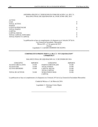 168 GACETA OFICIAL DE LA CIUDAD DE MÉXICO 28 de Marzo de 2016
ASESORIA POLITICA Y SERVICIOS EN COMUNICACION S.A. DE C.V.
BALANCE FINAL DE LIQUIDACION AL 30 DE JUNIO DEL 2015
ACTIVO
CAJA 0
TOTAL ACTIVO 0
PASIVO
CUENTAS POR PAGAR 0
TOTAL PASIVO 0
CAPITAL
CAPITAL SOCIAL 0
TOTAL CAPITAL CONTABLE 0
TOTAL PASIVO Y CAPITAL 0
La publicación se hace en cumplimiento a lo dispuesto en el Artículo 247 de la
Ley General de Sociedades Mercantiles
México D.F. a 13 de agosto del 2015
(Firma)
Liquidador: C. LAZARO OSORNIO ESCALONA
CORPORATIVO PROFIT POIN S.A. DE C.V. “EN LIQUIDACION”
CPP060519E77
BALANCE FINAL DE LIQUIDACION AL 31 DE ENERO DE 2016
CONCEPTO IMPORTE CONCEPTO IMPORTE
ACTIVO CIRCULANTE $ 0.00 PASIVO CORTO PLAZO $ 0.00
ACTIVO FIJO $ 0.00 TOTAL PASIVO $ 0.00
ACTIVO DIFERIDO $ 0.00 CAPITAL SOCIAL $ 0.00
TOTAL CAPITAL $ 0.00
TOTAL DE ACTIVOS $ 0.00 SUMA PASIVO MAS
CAPITAL
$ 0.00
La publicación se hace en cumplimiento a lo dispuesto en el Artículo 247 de la Ley General de Sociedades Mercantiles
Ciudad de México a 11 de Marzo de 2016
Liquidador: C. Domingo Cortes Olguín
(Firma)
 