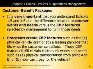 Chapter 1 Goods, Services & Operations Management

Customer Benefit Packages
• It is very important that you understand Exhibits
  1.5 and 1.6 and the difference between customer
  wants and needs versus the CBP features
  selected by management to fulfill those needs.

• Processes create CBP features such as the (a)
  physical vehicle itself or (b) a leasing package that
  fits what the customer can afford. These CBP
  features fulfill certain customer’s wants and needs
  such as (a) physical transportation from point A to
  B, or (b) how can I pay for the vehicle?
Operations Management, 2e/Ch. 1 Goods, Services, and Operations Management
©2007 Thomson South-Western                                                  26
 