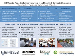 A	dedadal	challenge	
	
•  A$er	20	years	insurgency		
in	Northern	Uganda	
•  Transforma:on	from	
humanitarian	to	
developmental	concerns	
•  80%	s:ll	oﬀ-grid	by	2022	
	
Resources	
	
•  BOSCO:	commitment	to	
digniﬁed	globaliza:on	
•  Nascent	livelihood	
ecosystems	around	
connec:vity	and	
electriﬁca:on	
	
	CE3	
	
•  Building	on	these			
emerging	ecosystems	
•  Connec:vity,	electriﬁca:on,	
entrepreneurship	
•  NDIGD,	Accenture,	other	
corporate	partnerships	
	
Pilot	eﬀorts	
	
•  3	x	1	kW	hybrid	solar	
microgrids	
•  1000	entrepreneurs	
equipped	with	common	
business	language	
•  Contribu:ng	to	400	jobs	
	
Toward	scale	
	
•  Produc:ve	use	CE3	
ecosystems	at	kW	scale	
•  Electriﬁed	businesses	
reaching	households	
•  U:lity-scale	for	income	&	
grid/oﬀ-grid	coordina:on	
	
	
	
	
	
	
Toward	sustainability	
	
•  Learning	from	a	study	with	
baseline	of	5000	Gulu	
businesses	
•  Local	Business	Planning	
Interns	w/	Accenture	
support,	paid	by	SACCO	
	
	
	
	
	
	
Entrepreurial	support	
	
•  Entrepreneurial	Essen:als	
(6	wk)	for	business	planning	
•  Follow-up	support	in	
Entrenpreurship	Club		
•  SACCO	microlending	
•  130	Accenture	mentors	
	
Current	model	
	
•  Local	oﬀ-grid	u:li:es	
•  30	kW	solar	w/	storage	
•  Anchor	tenants	with	
prepayment	of	70%	
•  Electriﬁed	businesses	with	
entrepreneurial	support		
	
	
CE3-Uganda:	Fostering	Entrepreneurship	in	an	Electriﬁed,	Connected	Ecosystem	
Thomas	Loughran,	Department	of	Physics,	University	of	Notre	Dame	
 