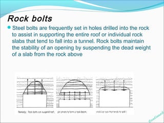 Rock bolts 
Steel bolts are frequently set in holes drilled into the rock 
to assist in supporting the entire roof or individual rock 
slabs that tend to fall into a tunnel. Rock bolts maintain 
the stability of an opening by suspending the dead weight 
of a slab from the rock above 
Continued 
 