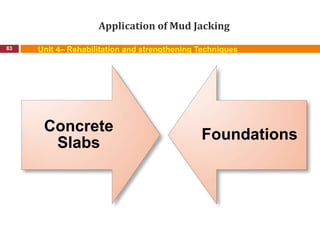 Application of Mud Jacking
83 Unit 4– Rehabilitation and strengthening Techniques
Concrete
Slabs
Foundations
 