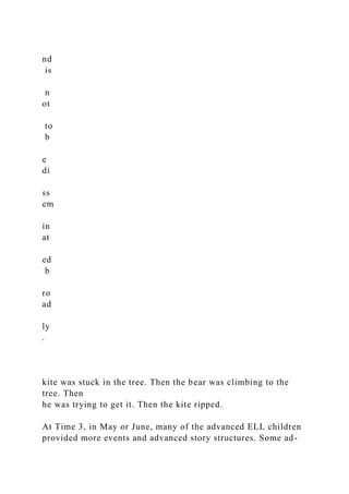 nd
is
n
ot
to
b
e
di
ss
em
in
at
ed
b
ro
ad
ly
.
kite was stuck in the tree. Then the bear was climbing to the
tree. Then
he was trying to get it. Then the kite ripped.
At Time 3, in May or June, many of the advanced ELL children
provided more events and advanced story structures. Some ad-
 