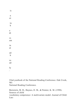 is
n
ot
to
b
e
di
ss
em
in
at
ed
b
ro
ad
ly
.
52nd yearbook of the National Reading Conference. Oak Creek,
WI:
National Reading Conference.
Bornstein, M. H., Haynes, O. M., & Painter, K. M. (1998).
Sources of child
vocabulary competence: A multivariate model. Journal of Child
Lan-
 