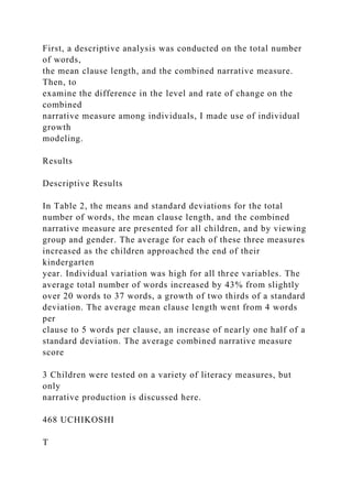 First, a descriptive analysis was conducted on the total number
of words,
the mean clause length, and the combined narrative measure.
Then, to
examine the difference in the level and rate of change on the
combined
narrative measure among individuals, I made use of individual
growth
modeling.
Results
Descriptive Results
In Table 2, the means and standard deviations for the total
number of words, the mean clause length, and the combined
narrative measure are presented for all children, and by viewing
group and gender. The average for each of these three measures
increased as the children approached the end of their
kindergarten
year. Individual variation was high for all three variables. The
average total number of words increased by 43% from slightly
over 20 words to 37 words, a growth of two thirds of a standard
deviation. The average mean clause length went from 4 words
per
clause to 5 words per clause, an increase of nearly one half of a
standard deviation. The average combined narrative measure
score
3 Children were tested on a variety of literacy measures, but
only
narrative production is discussed here.
468 UCHIKOSHI
T
 