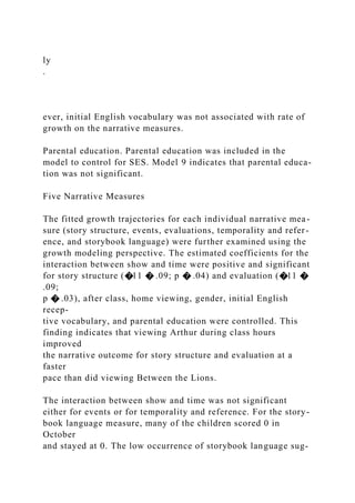ly
.
ever, initial English vocabulary was not associated with rate of
growth on the narrative measures.
Parental education. Parental education was included in the
model to control for SES. Model 9 indicates that parental educa-
tion was not significant.
Five Narrative Measures
The fitted growth trajectories for each individual narrative mea-
sure (story structure, events, evaluations, temporality and refer-
ence, and storybook language) were further examined using the
growth modeling perspective. The estimated coefficients for the
interaction between show and time were positive and significant
for story structure (�11 � .09; p � .04) and evaluation (�11 �
.09;
p � .03), after class, home viewing, gender, initial English
recep-
tive vocabulary, and parental education were controlled. This
finding indicates that viewing Arthur during class hours
improved
the narrative outcome for story structure and evaluation at a
faster
pace than did viewing Between the Lions.
The interaction between show and time was not significant
either for events or for temporality and reference. For the story-
book language measure, many of the children scored 0 in
October
and stayed at 0. The low occurrence of storybook language sug-
 