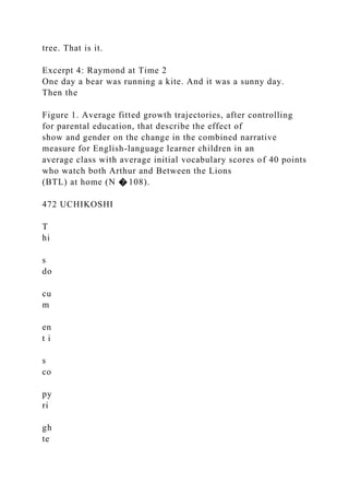 tree. That is it.
Excerpt 4: Raymond at Time 2
One day a bear was running a kite. And it was a sunny day.
Then the
Figure 1. Average fitted growth trajectories, after controlling
for parental education, that describe the effect of
show and gender on the change in the combined narrative
measure for English-language learner children in an
average class with average initial vocabulary scores of 40 points
who watch both Arthur and Between the Lions
(BTL) at home (N � 108).
472 UCHIKOSHI
T
hi
s
do
cu
m
en
t i
s
co
py
ri
gh
te
 