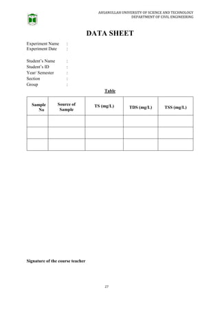 AHSANULLAH UNIVERSITY OF SCIENCE AND TECHNOLOGY
DEPARTMENT OF CIVIL ENGINEERING
27
DATA SHEET
Experiment Name :
Experiment Date :
Student’s Name :
Student’s ID :
Year/ Semester :
Section :
Group :
Table
Sample
No
Source of
Sample
TS (mg/L) TDS (mg/L) TSS (mg/L)
Signature of the course teacher
 