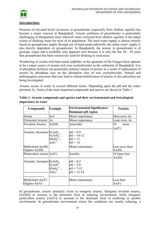 AHSANULLAH UNIVERSITY OF SCIENCE AND TECHNOLOGY
DEPARTMENT OF CIVIL ENGINEERING
52
Introduction:
Presence of elevated levels of arsenic in groundwater (especially from shallow aquifer) has
become a major concern in Bangladesh. Arsenic pollution of groundwater is particularly
challenging in Bangladesh since tubewell water extracted from shallow aquifers is the major
source of drinking water for most of its population. The rural water supply is almost entirely
based on groundwater supply through use of hand pump tubewells; the urban water' supply is
also heavily dependent on groundwater. In Bangladesh, the arsenic in groundwater is of
geologic origin and is probably only apparent now because it is only the last 20 - 30 years
that groundwater has been extensively used for drinking in rural areas.
Weathering of arsenic-rich base metal sulphides in the upstream of the Ganges basin appears
to be a major source of arsenic-rich iron oxyhydroxides in the sediments of Bangladesh. Use
of phosphate fertilizer can potentially enhance release of arsenic as a result of replacement of
arsenic by phosphate ions on the adsorption sites of iron oxyhydroxides. Natural and
anthropogenic processes that may lead to release/mobilization of arsenic in the subsurface are
being investigated.
Arsenic occurs in water in several different forms. Depending upon the pH and the redox
potential, Eh. Some of the most important compounds and species are shown in Table 1.
Table 1: Arsenic compounds and species and their environmental and toxicological
importance in water
Compounds Example Environmental Significance/ Toxicity
Dominant pH region
Arsine As3. Minor importance Most toxic As
species
Elemental Arsenic As Minor importance Least toxic As
species
Trivalent Arsenic As(III) Anaerobic 10
times
more
toxic than
-----------------------
-------------.----
------------------
---------------
----------------.---.---------.----------
---------------------
As(V)
.............................
.......
Arsenite, Inorganic H3As03, pH = 0-9
H2As03
1-
, pH = 10-12
HAs03
2-
., pH = 13
As03
3-
. pH = 14
-----------------------
-------------------
------------------
---.--.-------
----------------------------------------
---------------------
1-
•..••....•••••.•••••.••
.••••.....•.....•..•.•••.
•
Methylated As(III) Minor importance Less toxic than
Inorganic
Organo-As(III) As(III)
Pentavalent arsenic As(V) Aerobic 10 times less
toxic than
----
---
-------------------
----------------
------------------
--------------
----------------------------------------
----------------------
As(III).
.............................
........
Arsenate, InorganicH3As04, pH = 0-2
H2As01-,
pH = 3-6
HAs04
2-
., pH = 7-11
-----------------------
-------------------
As04
3-
. pH = 12-14
----------------.-
------------
- ---------------------------------------
-------------------
---------------------
---------------------
------
Methylated As(V) Minor importance Less than
Inorganic
Organo-As(V) As(V)
In groundwater, arsenic primarily exists as inorganic arsenic. Inorganic trivalent arsenic,
[As(III)] or arsenite is the dominant form in reducing environment; while inorganic
pentavalent arsenic [As(V)] or arsenate is the dominant form in oxidizing or aerobic
environment. In groundwater environment where the conditions are mostly reducing, a
 