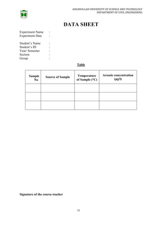 AHSANULLAH UNIVERSITY OF SCIENCE AND TECHNOLOGY
DEPARTMENT OF CIVIL ENGINEERING
55
DATA SHEET
Experiment Name :
Experiment Date :
Student’s Name :
Student’s ID :
Year/ Semester :
Section :
Group :
Table
Sample
No
Source of Sample Temperature
of Sample (°C)
Arsenic concentration
(μg/l)
Signature of the course teacher
 