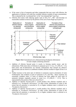 AHSANULLAH UNIVERSITY OF SCIENCE AND TECHNOLOGY
DEPARTMENT OF CIVIL ENGINEERING
72
a. If the water is free of ammonia and other compounds that may react with chlorine, the
application of chlorine will yield free available chlorine residual of same concentration.
This is denoted by the ‘no demand line’ or the "zero demand line" (see Fig.).
b. Chlorine first reacts with reducing agents such as H2S, Fe-2+
, Mn2+
and develops no
measurable residual as shown by the portion of the curve from Origin up to point A.
Figure 14.2: Generalized curve obtained during breakpoint chlorination
of water sample containing ammonia
c. Addition of chlorine beyond point A results in forming mainly mono- and di-
chloramines. With mole ratios of chlorine to ammonia up to 1:1 [i.e., C12:NH3-N = 1:1],
both mono and di-chloramines are formed. Chloramines thus formed are effective
disinfectants and are shown as combined available chlorine residual in figure (From A to
B).
d. Further increase in the mole ratio of chlorine to ammonia result in formation of some
trichloramine and oxidation of part of ammonia to N2 and NO3
-
. These reactions are
essentially complete when 1.5 mole of chlorine has been added for each mole of
ammonia nitrogen originally present in water [i.e., C12:NH3-N = 1.5:1]. This is
represented by the portion of the curve from B to C.
e. Addition of chlorine beyond point C would produce free chlorine residuals and is
referred to as "breakpoint chlorination". In other words, chlorination of water to the
extent that all ammonia is converted to N2 or higher oxidation state is referred to as
"breakpoint chlorination'.
f. Addition of chlorine beyond point C would produce free chlorine residuals and is
referredto as "breakpoint chlorination". In other words, chlorination of water to the
extent that all ammonia is converted to N2 or higher oxidation state is referred to as
"breakpoint chlorination".
 