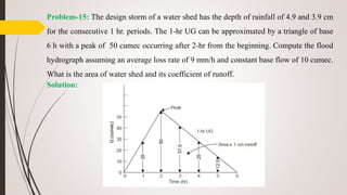 Problem-15: The design storm of a water shed has the depth of rainfall of 4.9 and 3.9 cm
for the consecutive 1 hr. periods. The 1-hr UG can be approximated by a triangle of base
6 h with a peak of 50 cumec occurring after 2-hr from the beginning. Compute the flood
hydrograph assuming an average loss rate of 9 mm/h and constant base flow of 10 cumec.
What is the area of water shed and its coefficient of runoff.
Solution:
 