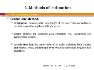 August 7, 2026
CE3701-ECVE - Prof. AK
3. Methods of estimation
Unit 1 – Quantity Estimation
 Centre Line Method:
 Description: Calculates the total length of the center lines of walls and
partitions, considering the building's layout.
 Usage: Suitable for buildings with consistent wall thicknesses and
symmetrical layouts.
 Calculation: Sum the center lines of all walls, including both internal
and external walls, and multiply by the wall thickness and height to find
quantities.
 