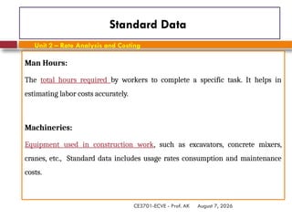 August 7, 2026
CE3701-ECVE - Prof. AK
Standard Data
Man Hours:
The total hours required by workers to complete a specific task. It helps in
estimating labor costs accurately.
Machineries:
Equipment used in construction work, such as excavators, concrete mixers,
cranes, etc., Standard data includes usage rates consumption and maintenance
costs.
Unit 2 – Rate Analysis and Costing
 