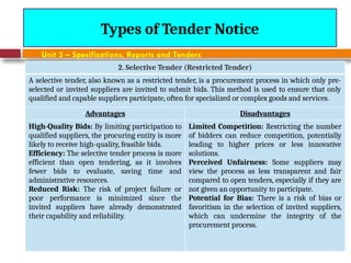 August 7, 2026
CE3701-ECVE - Prof. Ak
Types of Tender Notice
Unit 3 – Specifications, Reports and Tenders
2. Selective Tender (Restricted Tender)
A selective tender, also known as a restricted tender, is a procurement process in which only pre-
selected or invited suppliers are invited to submit bids. This method is used to ensure that only
qualified and capable suppliers participate, often for specialized or complex goods and services.
Advantages Disadvantages
High-Quality Bids: By limiting participation to
qualified suppliers, the procuring entity is more
likely to receive high-quality, feasible bids.
Efficiency: The selective tender process is more
efficient than open tendering, as it involves
fewer bids to evaluate, saving time and
administrative resources.
Reduced Risk: The risk of project failure or
poor performance is minimized since the
invited suppliers have already demonstrated
their capability and reliability.
Limited Competition: Restricting the number
of bidders can reduce competition, potentially
leading to higher prices or less innovative
solutions.
Perceived Unfairness: Some suppliers may
view the process as less transparent and fair
compared to open tenders, especially if they are
not given an opportunity to participate.
Potential for Bias: There is a risk of bias or
favoritism in the selection of invited suppliers,
which can undermine the integrity of the
procurement process.
 