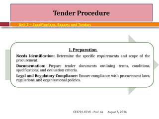August 7, 2026
CE3701-ECVE - Prof. Ak
Tender Procedure
Unit 3 – Specifications, Reports and Tenders
1. Preparation
Needs Identification: Determine the specific requirements and scope of the
procurement.
Documentation: Prepare tender documents outlining terms, conditions,
specifications, and evaluation criteria.
Legal and Regulatory Compliance: Ensure compliance with procurement laws,
regulations, and organizational policies.
 