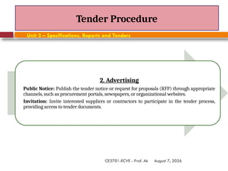 August 7, 2026
CE3701-ECVE - Prof. Ak
Tender Procedure
Unit 3 – Specifications, Reports and Tenders
2. Advertising
Public Notice: Publish the tender notice or request for proposals (RFP) through appropriate
channels, such as procurement portals, newspapers, or organizational websites.
Invitation: Invite interested suppliers or contractors to participate in the tender process,
providing access to tender documents.
 