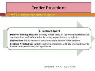 August 7, 2026
CE3701-ECVE - Prof. Ak
Tender Procedure
Unit 3 – Specifications, Reports and Tenders
6. Contract Award
Decision Making: Select the winning bidder based on the evaluation results and
considerations such as best value for money, capability, and compliance.
Notification: Notify successful and unsuccessful bidders of the decision.
Contract Negotiation: Initiate contract negotiations with the selected bidder to
finalize terms, conditions, and agreements.
 