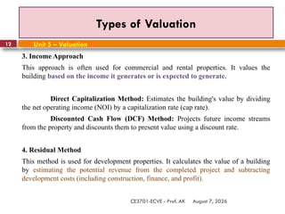 August 7, 2026
CE3701-ECVE - Prof. AK
12
Types of Valuation
Unit 5 – Valuation
3. Income Approach
This approach is often used for commercial and rental properties. It values the
building based on the income it generates or is expected to generate.
Direct Capitalization Method: Estimates the building's value by dividing
the net operating income (NOI) by a capitalization rate (cap rate).
Discounted Cash Flow (DCF) Method: Projects future income streams
from the property and discounts them to present value using a discount rate.
4. Residual Method
This method is used for development properties. It calculates the value of a building
by estimating the potential revenue from the completed project and subtracting
development costs (including construction, finance, and profit).
 