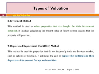 August 7, 2026
CE3701-ECVE - Prof. AK
14
Types of Valuation
Unit 5 – Valuation
8. Investment Method
This method is used to value properties that are bought for their investment
potential. It involves calculating the present value of future income streams that the
property will generate.
9. Depreciated Replacement Cost (DRC) Method
This method is used for properties that do not frequently trade on the open market,
such as schools or hospitals. It estimates the cost to replace the building and then
depreciates it to account for age and condition.
 