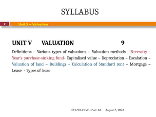 August 7, 2026
CE3701-ECVE - Prof. AK
2
SYLLABUS
UNIT V VALUATION 9
Definitions – Various types of valuations – Valuation methods - Necessity –
Year’s purchase-sinking fund- Capitalised value – Depreciation – Escalation –
Valuation of land – Buildings – Calculation of Standard rent – Mortgage –
Lease - Types of lease
Unit 5 – Valuation
 