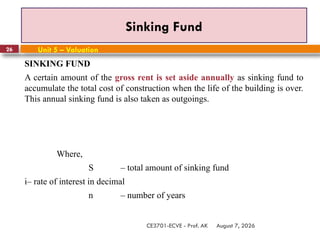 August 7, 2026
CE3701-ECVE - Prof. AK
26
Sinking Fund
Unit 5 – Valuation
SINKING FUND
A certain amount of the gross rent is set aside annually as sinking fund to
accumulate the total cost of construction when the life of the building is over.
This annual sinking fund is also taken as outgoings.
Where,
S – total amount of sinking fund
i– rate of interest in decimal
n – number of years
 