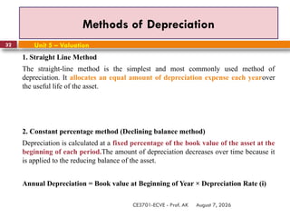 August 7, 2026
CE3701-ECVE - Prof. AK
32
Methods of Depreciation
Unit 5 – Valuation
1. Straight Line Method
The straight-line method is the simplest and most commonly used method of
depreciation. It allocates an equal amount of depreciation expense each yearover
the useful life of the asset.
2. Constant percentage method (Declining balance method)
Depreciation is calculated at a fixed percentage of the book value of the asset at the
beginning of each period.The amount of depreciation decreases over time because it
is applied to the reducing balance of the asset.
Annual Depreciation = Book value at Beginning of Year × Depreciation Rate (i)
 