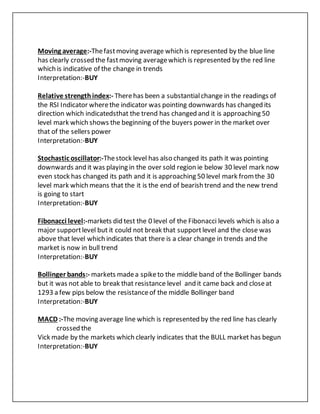 Moving average:-Thefastmoving average which is represented by the blue line
has clearly crossed the fastmoving averagewhich is represented by the red line
which is indicative of the change in trends
Interpretation:-BUY
Relative strengthindex:- Therehas been a substantialchange in the readings of
the RSI Indicator wherethe indicator was pointing downwards has changed its
direction which indicatedsthat the trend has changed and it is approaching 50
level mark which shows the beginning of the buyers power in the market over
that of the sellers power
Interpretation:-BUY
Stochastic oscillator:-Thestock level has also changed its path it was pointing
downwards and it was playing in the over sold region ie below 30 level mark now
even stock has changed its path and it is approaching 50 level mark fromthe 30
level mark which means that the it is the end of bearish trend and the new trend
is going to start
Interpretation:-BUY
Fibonacci level:-markets did test the 0 level of the Fibonacci levels which is also a
major supportlevel but it could not break that supportlevel and the close was
above that level which indicates that there is a clear change in trends and the
market is now in bull trend
Interpretation:-BUY
Bollinger bands:- markets madea spiketo the middle band of the Bollinger bands
but it was not able to break that resistance level and it came back and closeat
1293 a few pips below the resistanceof the middle Bollinger band
Interpretation:-BUY
MACD :-The moving average line which is represented by the red line has clearly
crossed the
Vick made by the markets which clearly indicates that the BULL market has begun
Interpretation:-BUY
 
