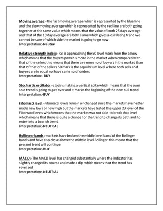 Moving average:-Thefastmoving average which is represented by the blue line
and the slow moving averagewhich is represented by the red line are both going
together at the same value which means that the value of both 25 days average
and that of the 10 day average are both samewhich gives a oscillating trend we
cannot be sureof which side the market is going to go now
Interpretation:-Neutral
Relative strengthindex:- RSI is approaching the50 level mark from the below
which means that the buyers power is more in the market when compared with
that of the sellers this means that there are moreno of buyers in the market than
that of that of the sellers 50 mark is the equilibrium level where both sells and
buyers arein equal no have sameno of orders
Interpretation:- BUY
Stochastic oscillator:-stockis making a vertical spikewhich means that the over
sold trend is going to get over and it marks the beginning of the new bull trend
Interpretation:-BUY
Fibonacci level:-Fibonaccilevels remain unchanged since the markets have nether
made new lows or new high but the markets havetested the upper 23 level of the
Fibonacci levels which means that the marketwas not able to break that level
which means that there is quite a chance for the trend to change its path and to
enter into a bearish trend
Interpretation:-NEUTRAL
Bollinger bands:-markets havebroken themiddle level band of the Bollinger
bands and havealso close abovethe middle level Bollinger this means that the
present trend will continue
Interpretation:-BUY
MACD:- The MACD level has changed substantially wherethe indicator has
slightly changed its courseand made a dip which means that the trend has
reversed
Interpretation:-NEUTRAL
 