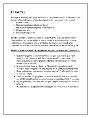 4.2. ANALYSIS:
Among the following indicators the indicators are ranked from 1 to 6 based on the
number of times they have helped analyzethe rite movement in the market
1. Fibonacci level
2. Stochastic oscillator & Bollinger band
3. Moving average convergenceand divergence
5. Moving average
6. Relative strength index
Based on the above analysis wecan conclude that the technical parameter of
Fibonacci level is a better technical tool to be considered in building a trading
strategy since it has better rate of predicting the market movement when
compared to other technical analysis used in the trading systemof trading gold.
OVERALL PERFORMANCEOF THETECHNICAL ANAYSIS FOR GOLD COMMODITY:
 Out of 50 days this systemof technical analysis was able to give right
prediction for 23 days ie with the combination of 3 or more than 3
indicators giving the same prediction for the market movement which
turned to be profitable
 By using the top three predictors ie Fibonaccilevels and stochastic
oscillator and Bollinger bands and Appling the majority rule among these
three tools we can increaseour accuracy level by 27 right predictions out
of 50 days sample
 The total number of right predictions made by all the indicators are 126
out of 300 possibleoutcomes which gives a probability of 0.42 % accuracy
 By using only the 3 technical tool we get 79 right predictions out of 150 ie
0.526%
We can increase our prediction accuracy by 0.53-0.42=0.11 % ieby 11 %
 