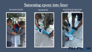 Saturating epoxy into liner
Pour epoxy into felt Saturating felt Score felt to let epoxy ooze
out for 100% adhesion
 