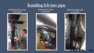 Installing felt into pipe
Pushing the liner to one
access point
Pulling liner for other
access point
Inflate air bladder with
air pressure
 