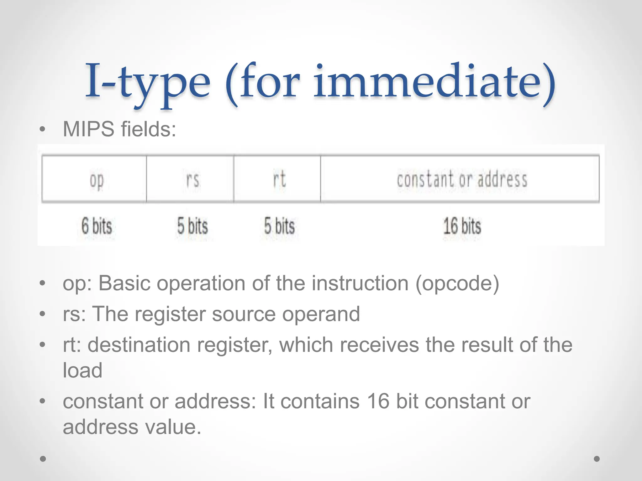 I-type (for immediate)
• MIPS fields:
• op: Basic operation of the instruction (opcode)
• rs: The register source operand
• rt: destination register, which receives the result of the
load
• constant or address: It contains 16 bit constant or
address value.
 