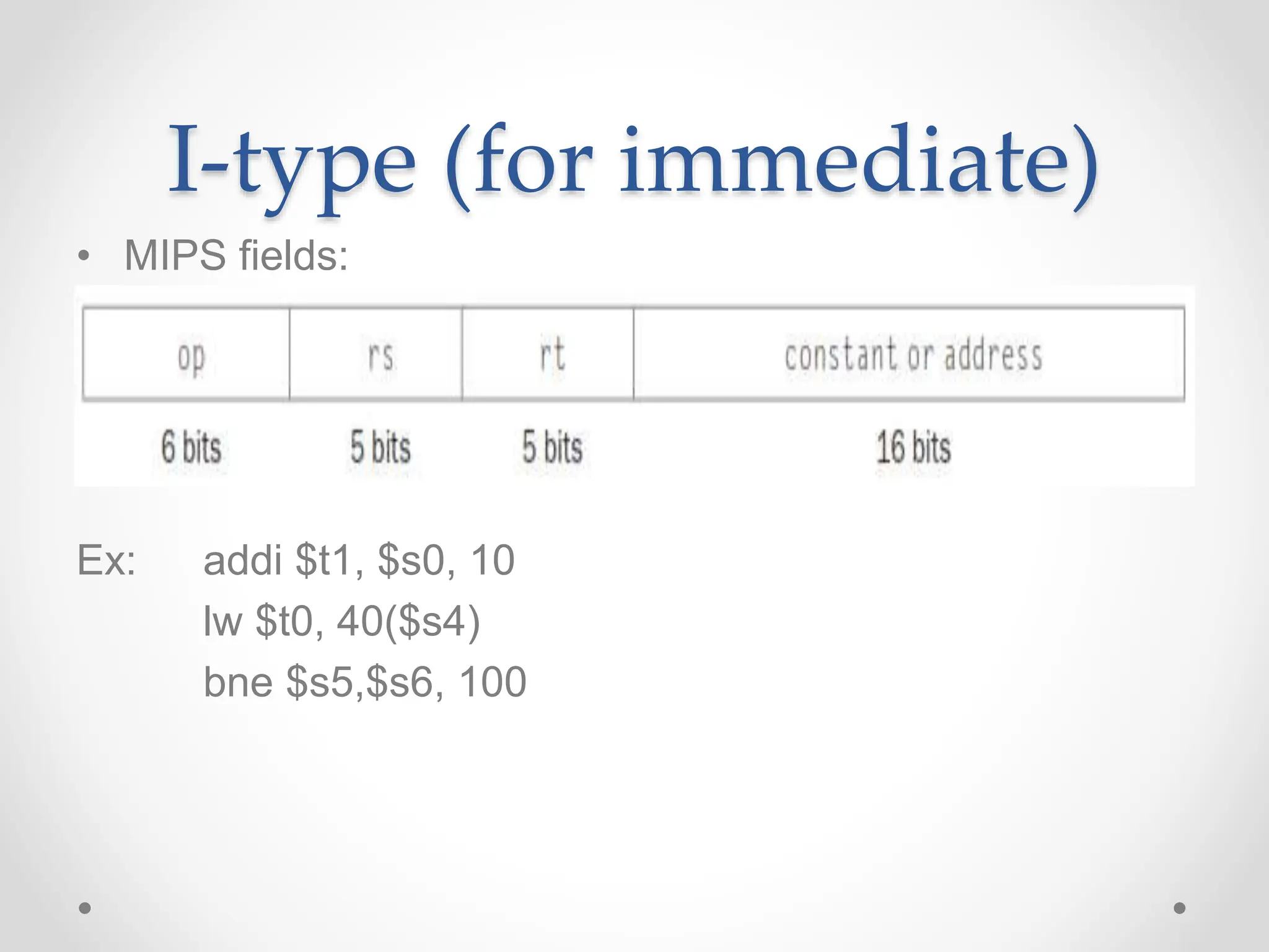 I-type (for immediate)
• MIPS fields:
Ex: addi $t1, $s0, 10
lw $t0, 40($s4)
bne $s5,$s6, 100
 